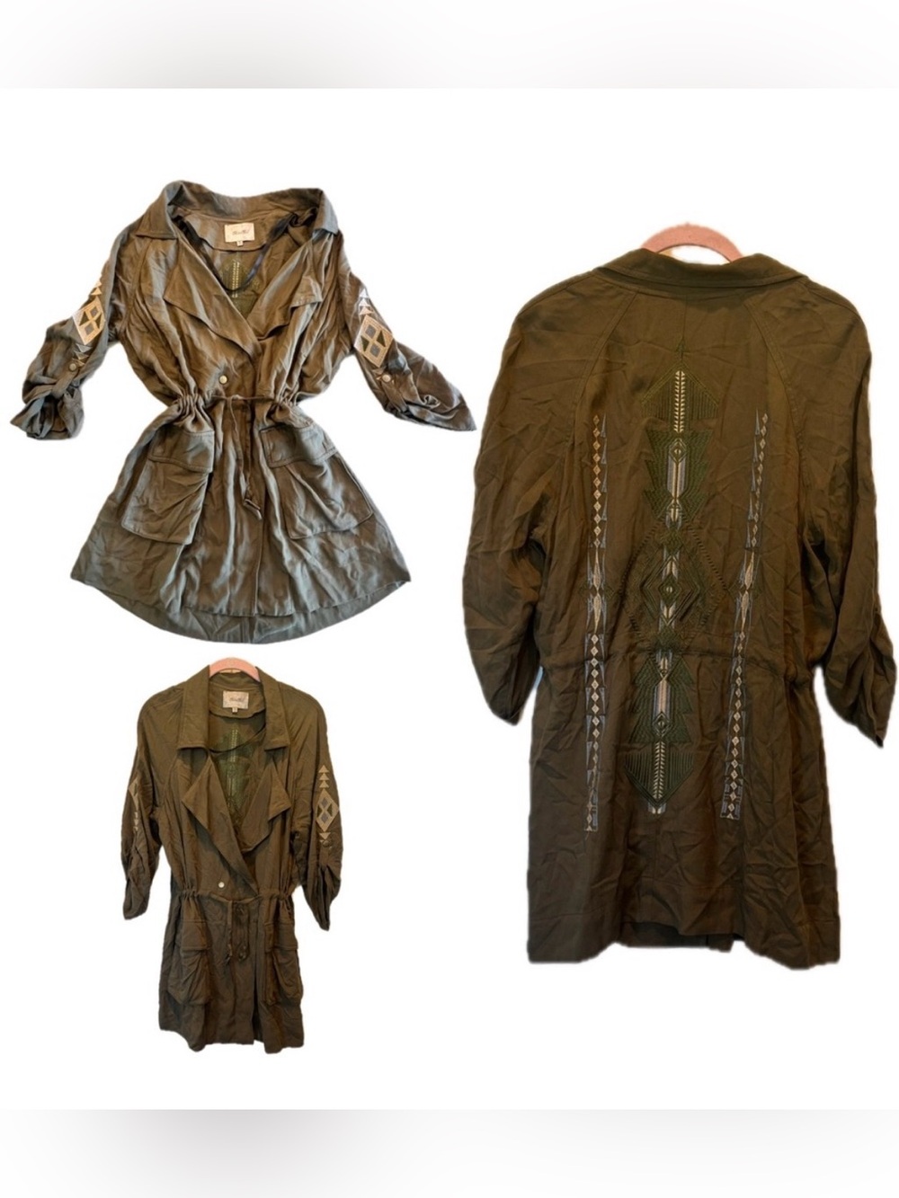 Miss Me Olive Embroidered Embellished Jacket with Cinch Tie Waist SZ Medium